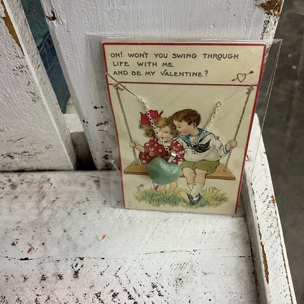 Vintage Valentine Card with Swinging Couple and glass heart pendant